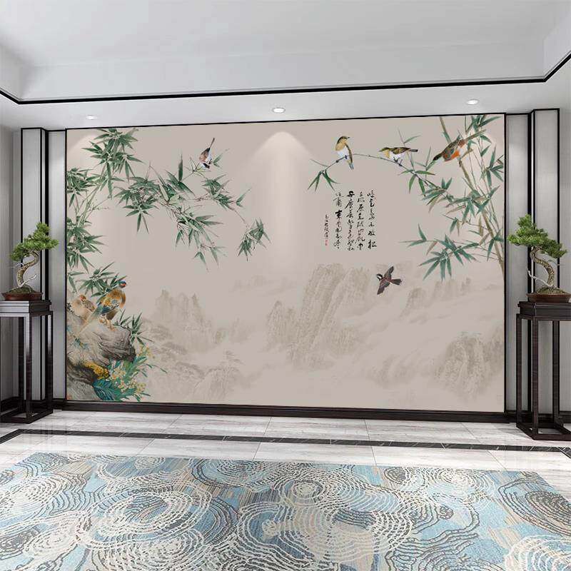 2024新中式水墨竹子贴画 画客厅电视背景墙壁纸自粘花鸟山水饭厅