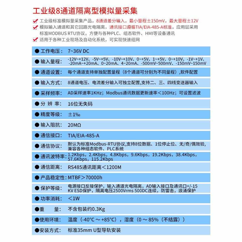 8通道模拟量高速采集模块4-20ma转rs485高精度电流电压输入4202P