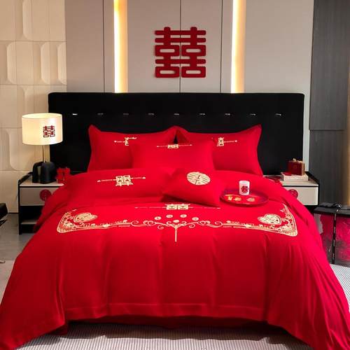 2024新款亲肤棉大红刺绣婚庆四件套床单床笠款结婚回礼喜庆四件套