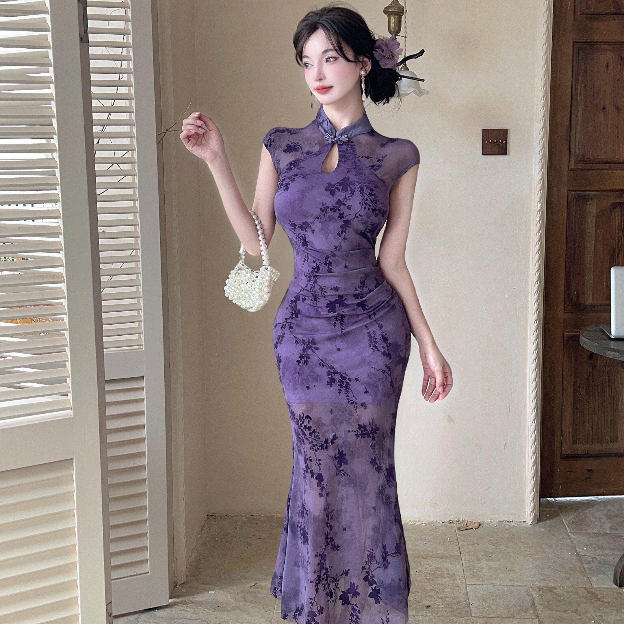 夏季复古气质性感修身包臀鱼尾中长款旗袍连衣裙柔式女技师工作服