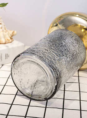 北欧浮雕电镀金玻璃花瓶烟灰色敞口水培植物花瓶客厅插花装饰摆件