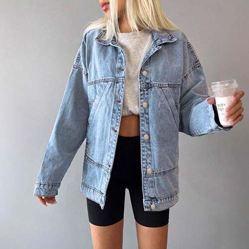 Women's Washed Light Blue Loose Denim Jacket Loose-fit Lapel