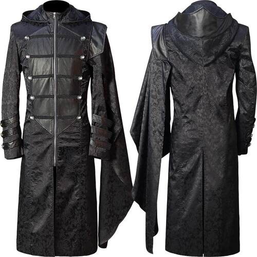 Wanjie Men's Steam Suit Stand up Collar Black Leather