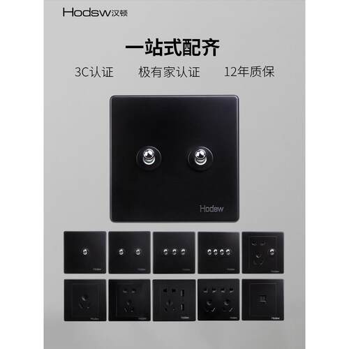 Hodsw开关是黑色电镀银杠杆一开五孔电脑电视86型双工开关面板86