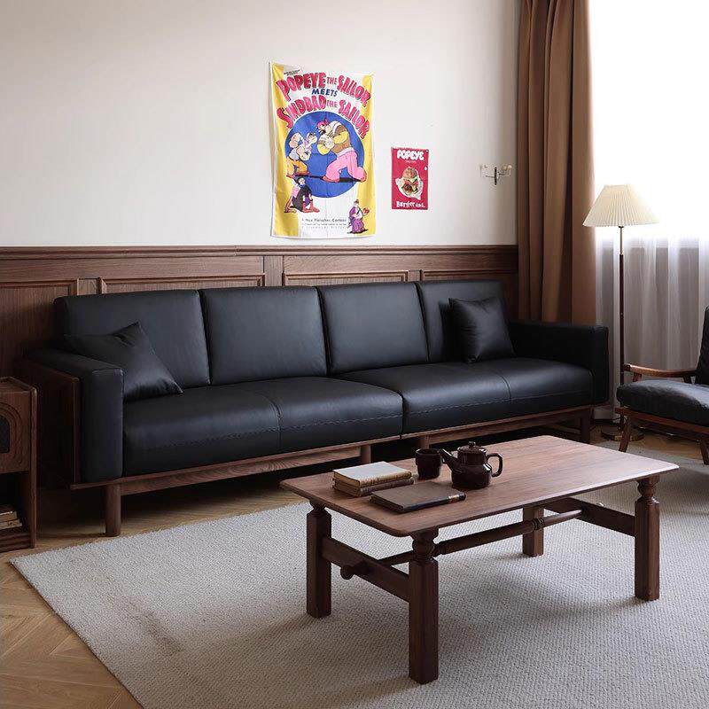 北美黑胡桃木沙发中古风真皮头层沙发复古直排全实木四人位法式床