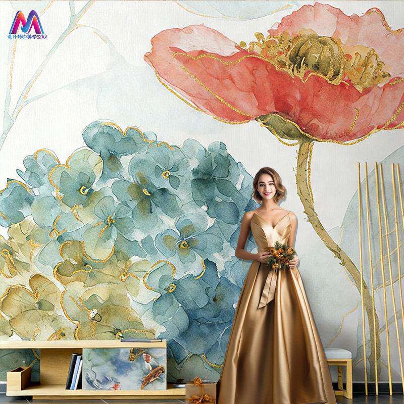 美式手绘牡丹植花朵壁画客厅电视背景墙装饰壁纸无缝画墙布网红