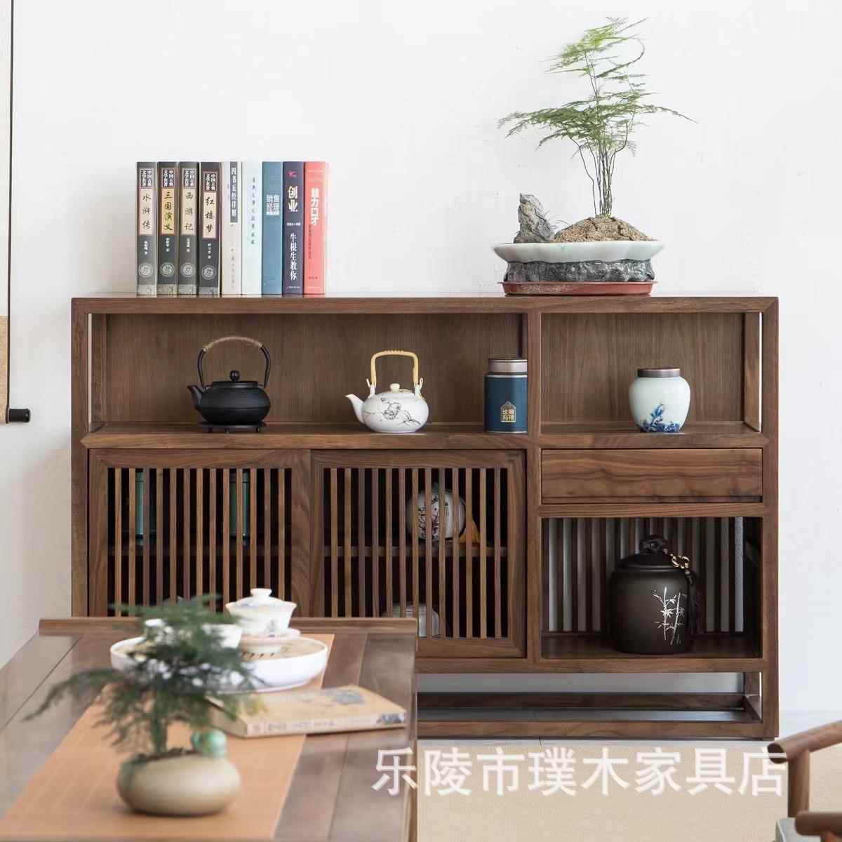 新中式餐边柜黑胡桃木禅意矮柜榻榻米茶边柜置物柜老榆木茶室茶柜