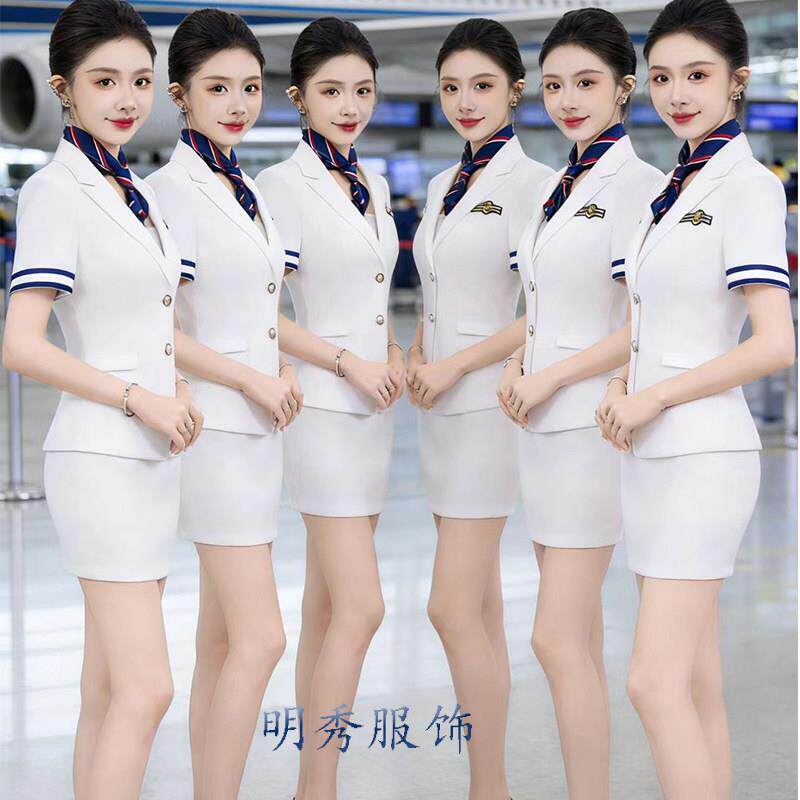 白色短袖西装空姐工作服女修身酒店服务员套装气质工装