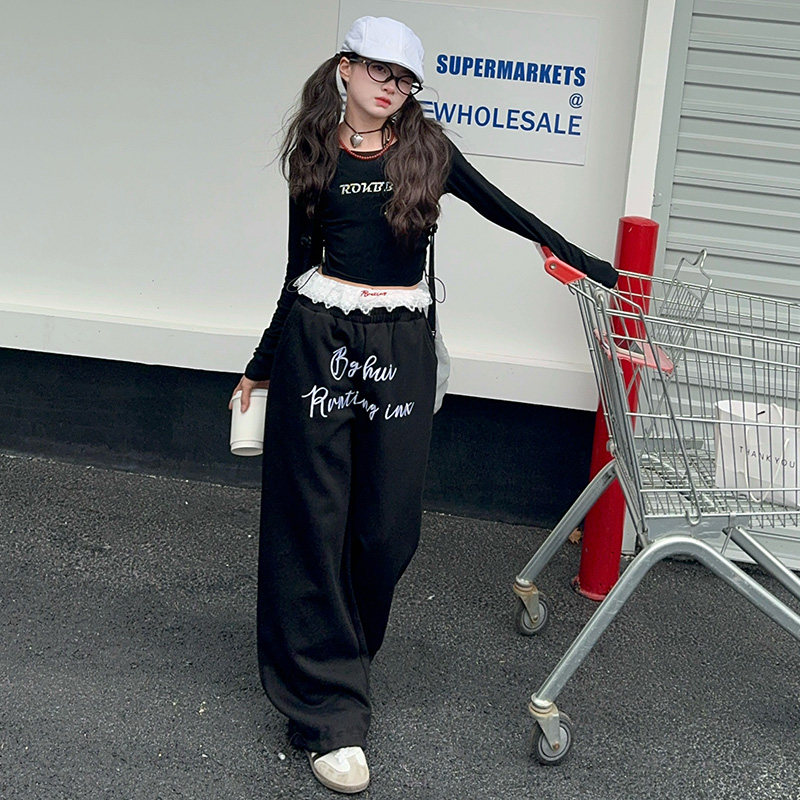 女童爵士舞套装2025春款打底衫上衣女孩美式复古蕾丝花边休闲卫裤