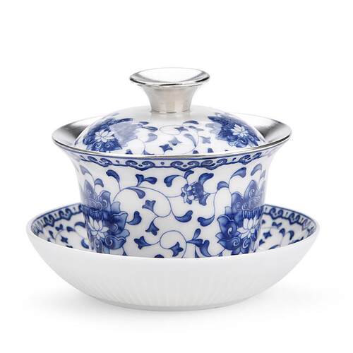 陶瓷鎏银手绘盖碗茶杯鎏银陶瓷功夫三才银盖碗家用大号茶盏泡茶碗