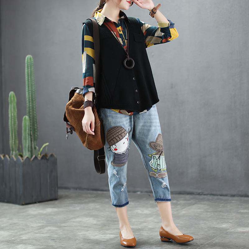 咖咪雨新款磨破七分哈伦裤女松紧腰系带春做旧复古毛边贴布牛仔裤|ruв категории Женская одежда, джинсы - от Buy2taobao.com для оказания профессиональной услуги покупки агента Taobao