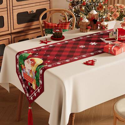 ?圣诞桌旗日感氛围棉麻布艺桌节茶几旗布喜OZP庆装饰餐布置长条桌