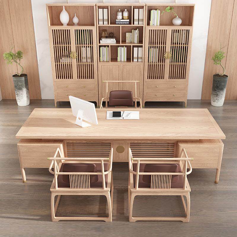 新中式办公桌椅组合实木老板桌工作台大气总裁桌大班台办公室书柜