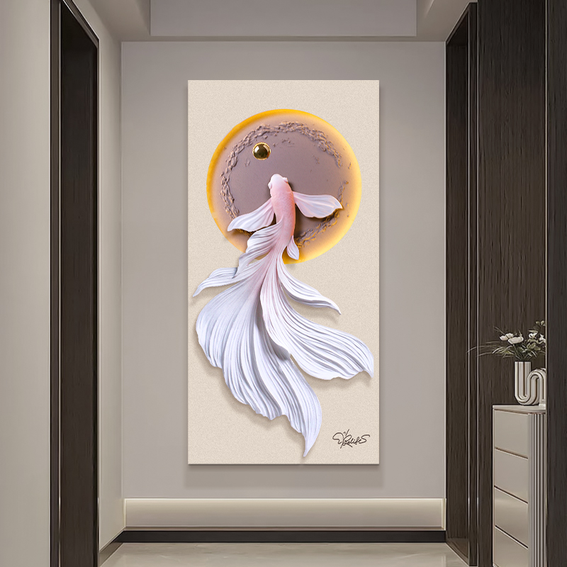福雕锦鲤鱼3d玄关立体装饰画正对门过道浮雕画挂画客厅背景墙灯光图片