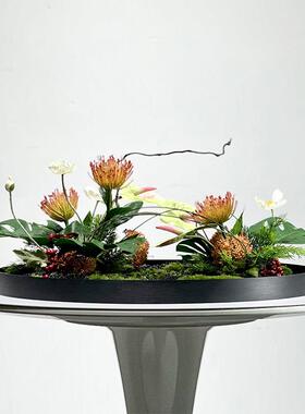 新中式餐桌仿真花造景酒店餐厅圆桌装饰永生青苔圆盘创意桌面摆件
