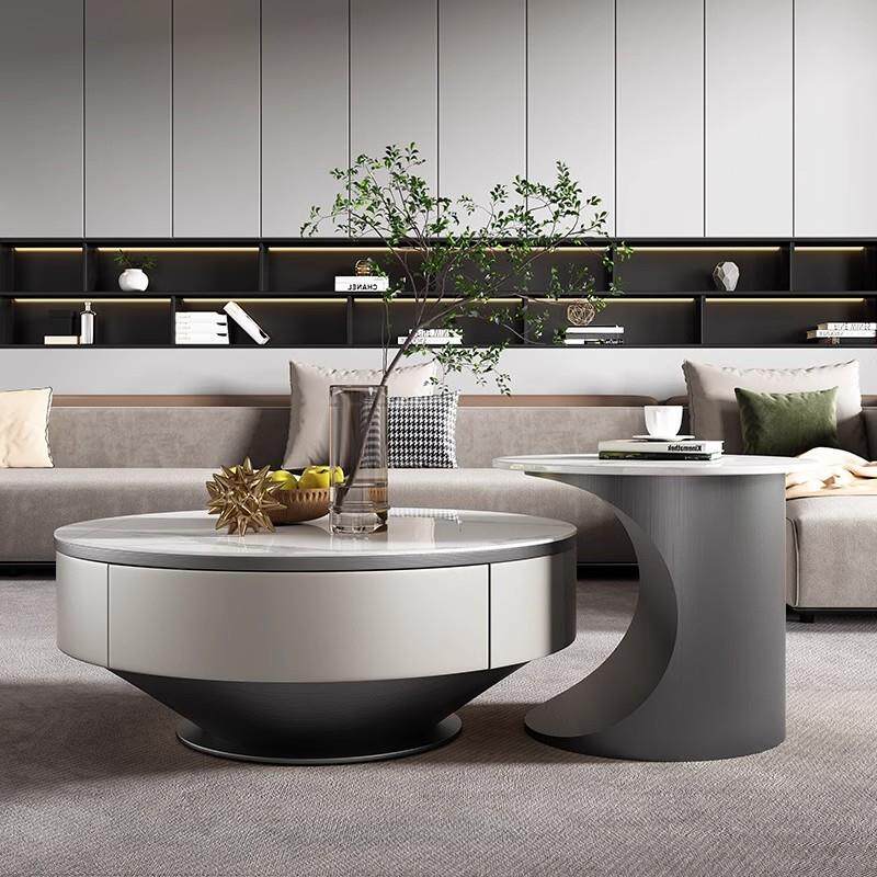 意式轻奢圆形岩板茶几电视柜组合奶油风现代简约客厅小户型