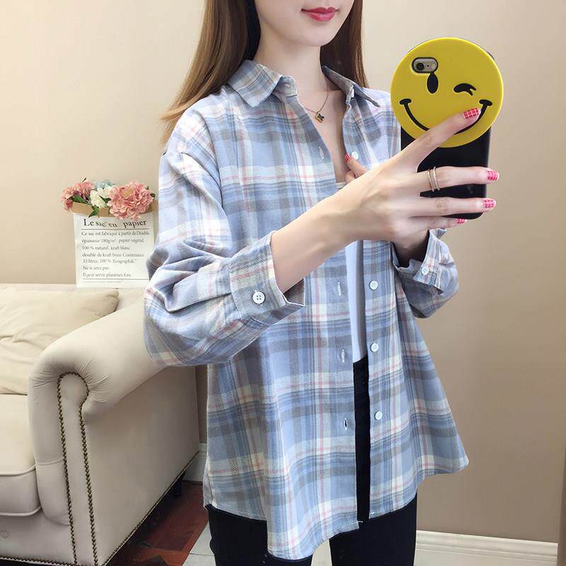 2025春秋冬季新款纯棉质格子衬衫女长袖韩版宽松文艺休闲时尚蓝色