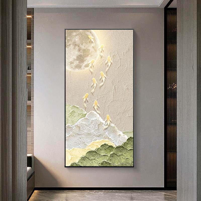 九鱼图竖版挂画正对门入户玄关装饰画走廊过道新中式高级感壁画图片