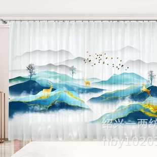 窗帘山水水墨画遮光窗纱客厅卧室飘窗阳台中国古风纱帘成品 新中式