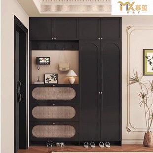 高端藤编超薄翻斗鞋柜玄关一体加高到顶入户家用门口多功能鞋帽柜