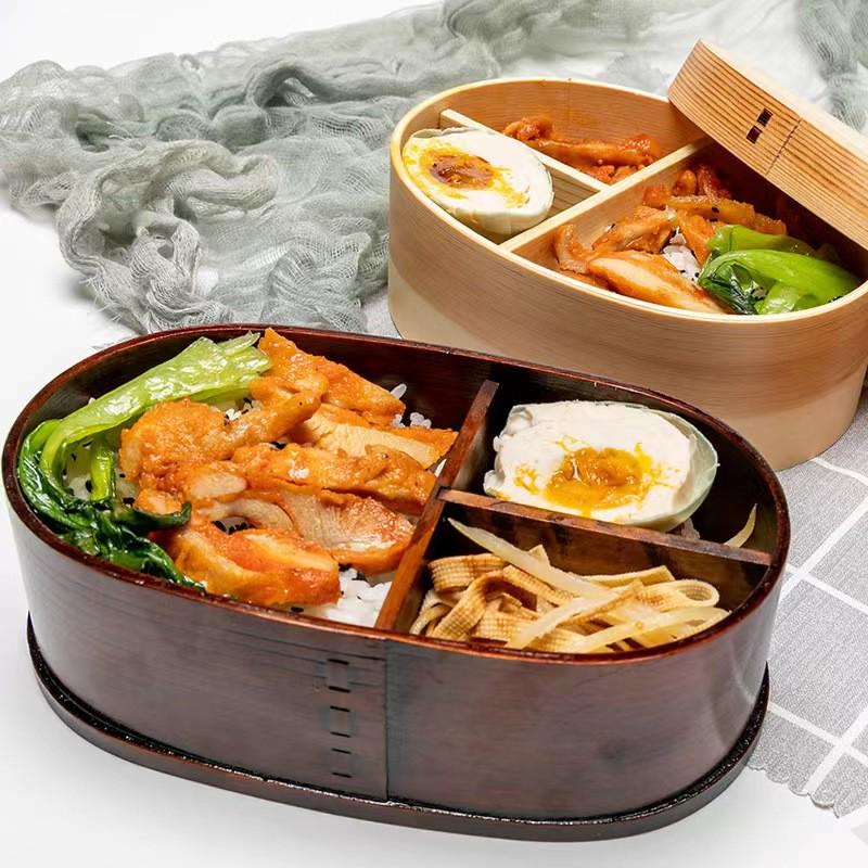 带饭餐盒套装送筷子学生上班族分隔寿司午餐盒木质日式双层便当盒