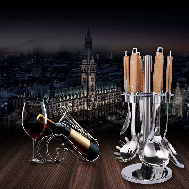 加厚木夹柄不锈钢厨具7件套隔热锅铲漏勺粥勺挂架套装厨房用具