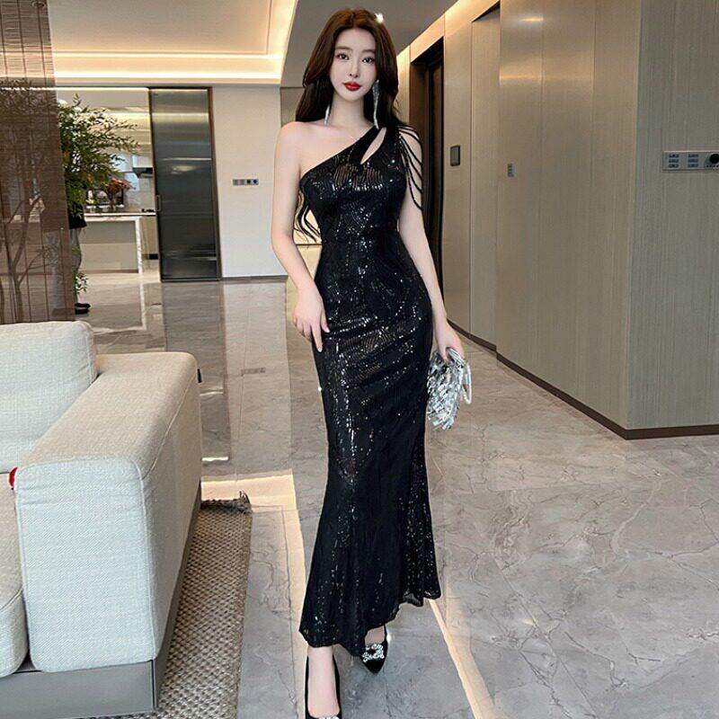 亮片晚礼服女高级感重工流苏单肩性感鱼尾高端宴会气质主持人高定