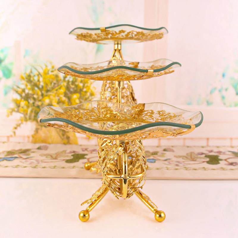 欧式奢华现代客厅干果盘玻璃水果盘创意点心盘双色三头层糕点架