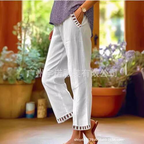 Cotton and linen women's lace straight leg pants for