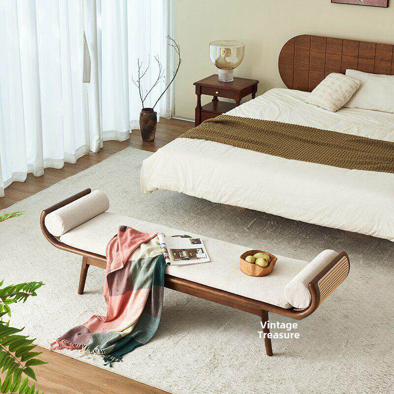 覆古实木板凳Wabi-Sabi风格简单的藤床凳休闲双人三人沙发餐厅板