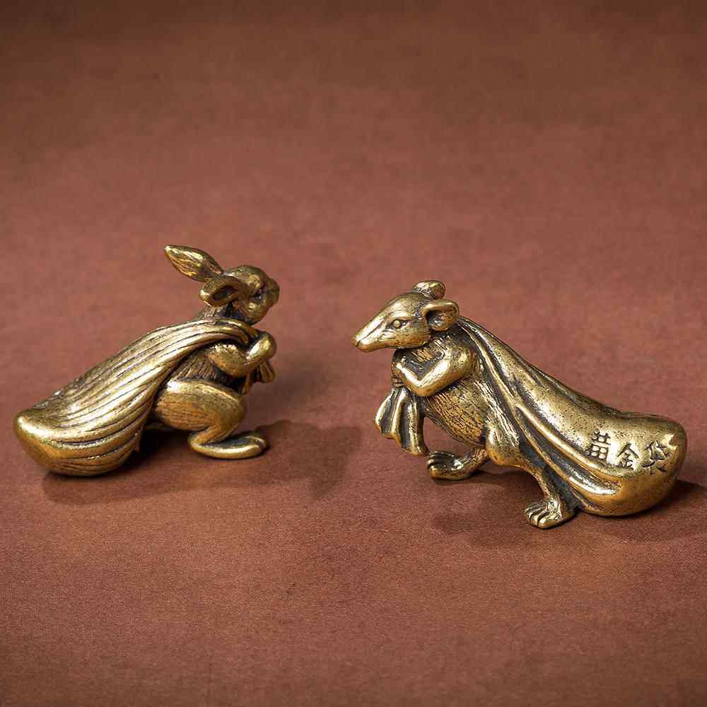 黄金袋复古老鼠黄铜摆件中式家用手工创意精品招财桌面装饰小铜钱
