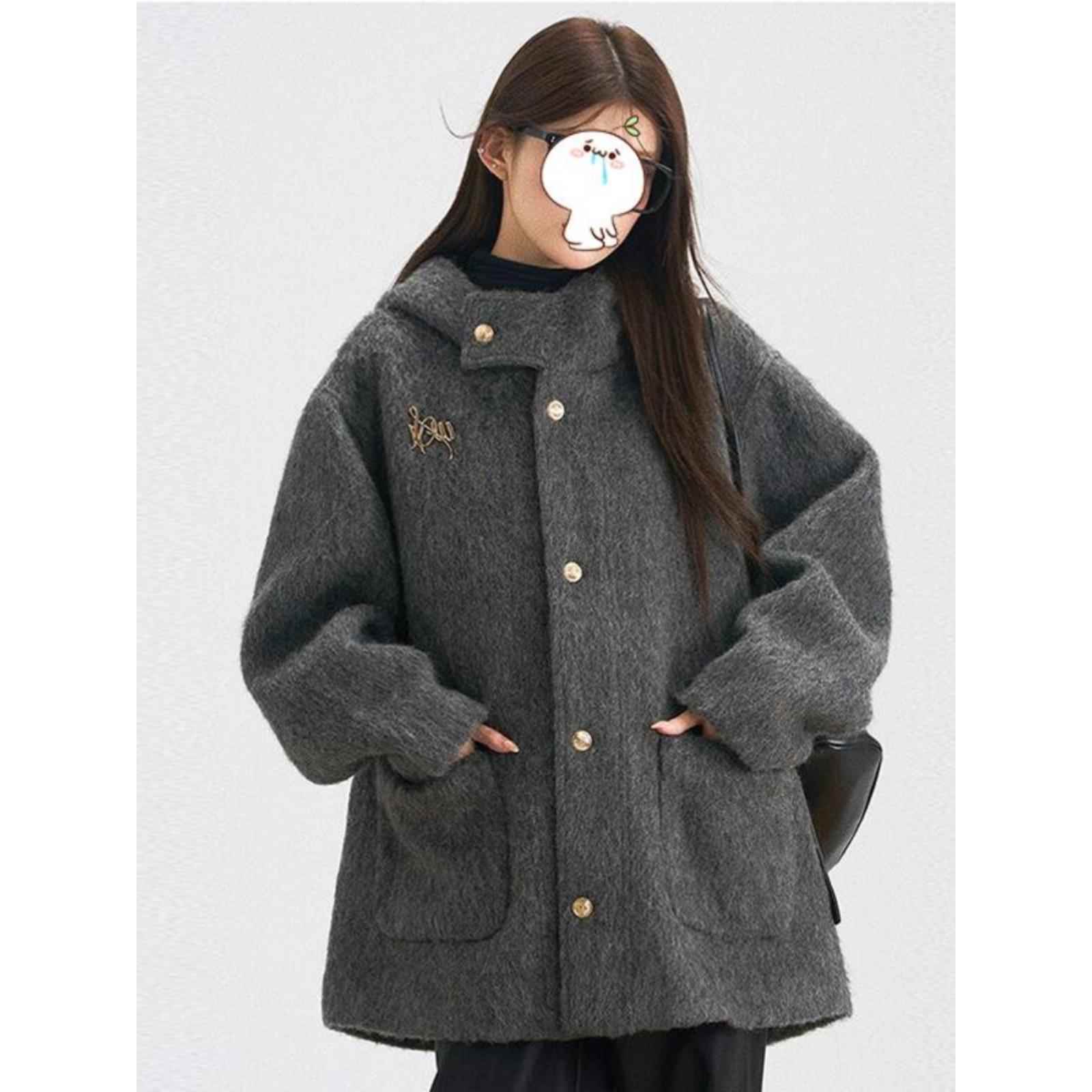 高级感连帽羊绒呢子大衣女冬季深灰色小个子羊毛呢外套羽绒服内胆