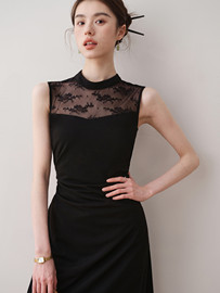 ron优雅气质蕾丝拼接连衣裙，2024夏季小众，设计黑色无袖中长裙