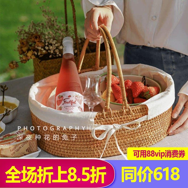 野餐篮子藤编手工编织收纳筐户外用品手提水果采摘篮网红露营道具