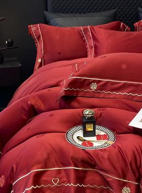 轻奢红色喜字提花婚庆四件套新婚房喜被床单被套床上用品结婚被罩