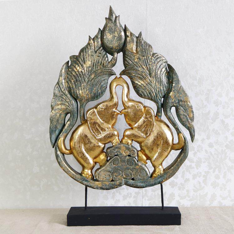 泰国木雕摆件东南亚风格实木客厅茶几荷花大象桌面装饰工艺品