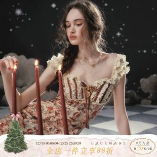 法式 复古千金风蕾丝拼接碎花鱼尾度假连衣裙女 堕落爱神 LaceMade