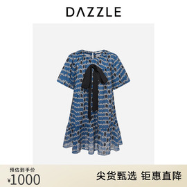 DAZZLE地素奥莱印花短袖连衣裙春夏装苎麻休闲宽松裙子短裙女