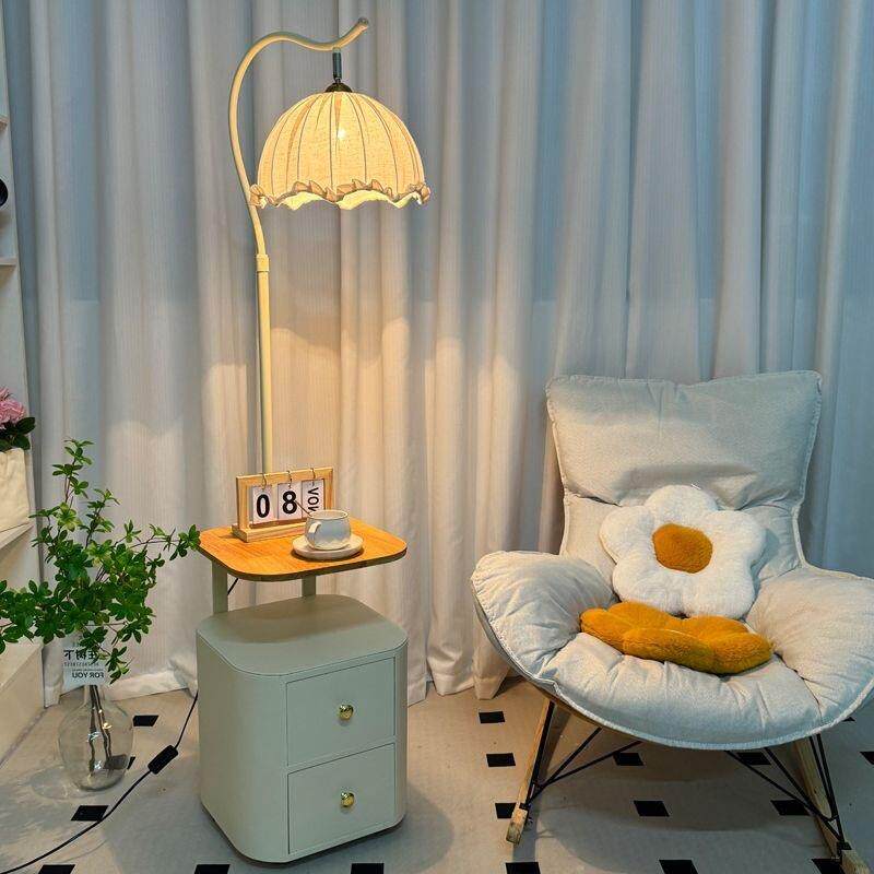 热销奶油风柜床头落地灯客厅实木卧室立台灯129带抽感屉式置物架