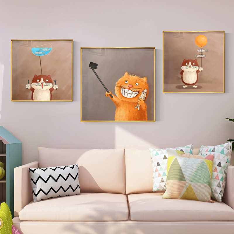卡通懒猫咸鱼餐厅饭厅装饰画客厅沙发背景墙壁画趣味猫咪卧室挂画