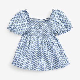 女童短袖t恤2023夏季儿童，打揽一字肩蓝碎花，泡泡袖裙摆上衣棉