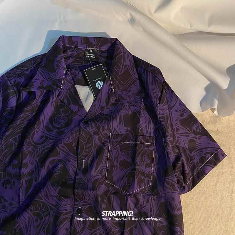 丧心病狂紫色 短袖花衬衫暗黑系日系覆古港风男女痞帅夏威夷泰国