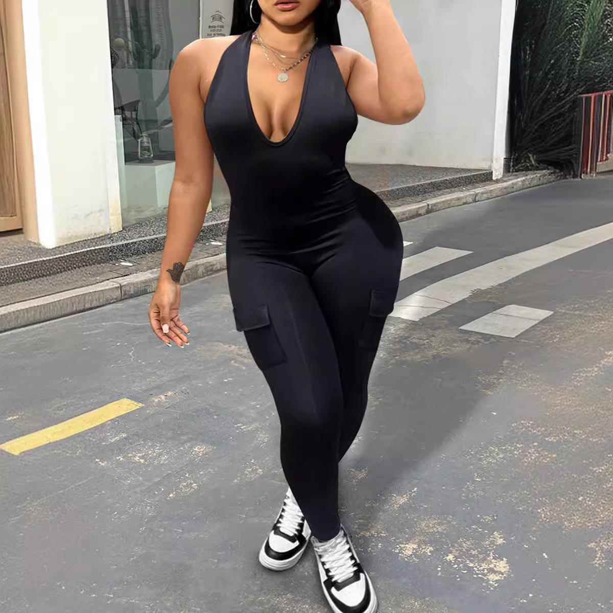 Womens sexy backless halter neck V-neck with pockets