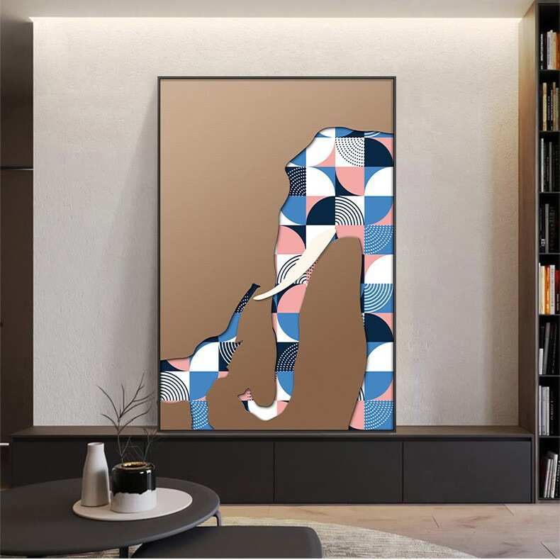 几何大象玄关装饰画竖版客厅挂画卡通儿童房卧室壁画巨幅落地画图片