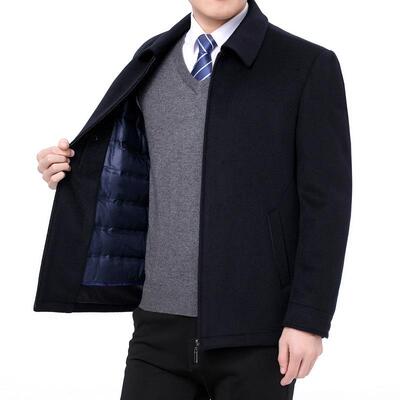 冬高档%全毛大衣男老年翻领加厚880-L2羊白鸭绒内中胆领导装茄克