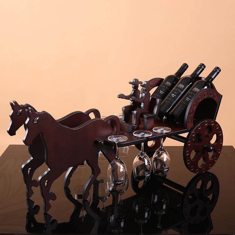 酒神牌双人马车红酒架实木酒架创意礼品 摆件彩盒红酒架子