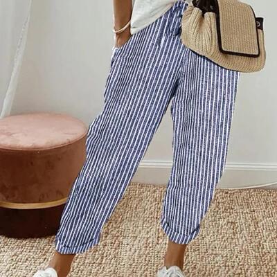 Striped pants with elastic waistband for women