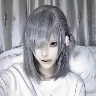 视觉系假发中性风v系牛郎风中长发日系短直发银灰色二次元全头套