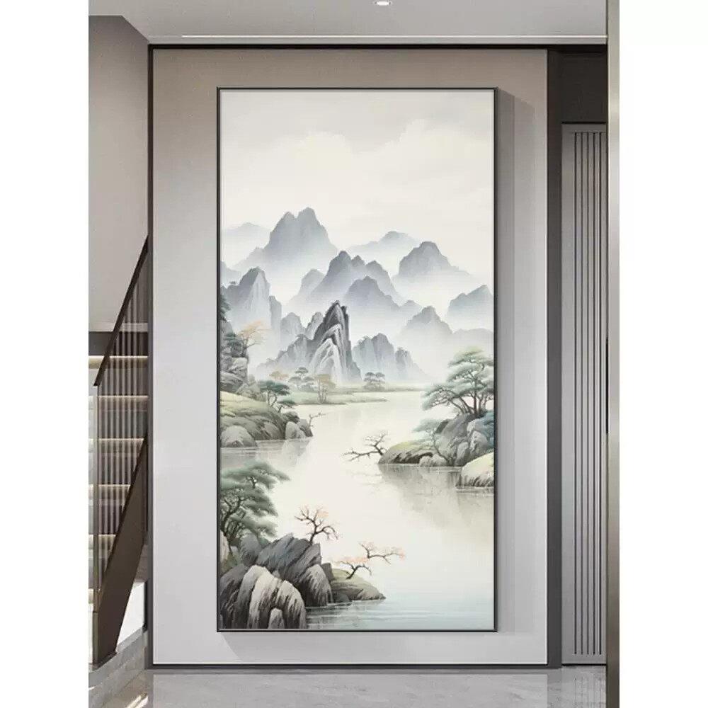 新中式入户正对门玄关装饰画喷绘山水国画竖版挂画走廊过道墙壁画