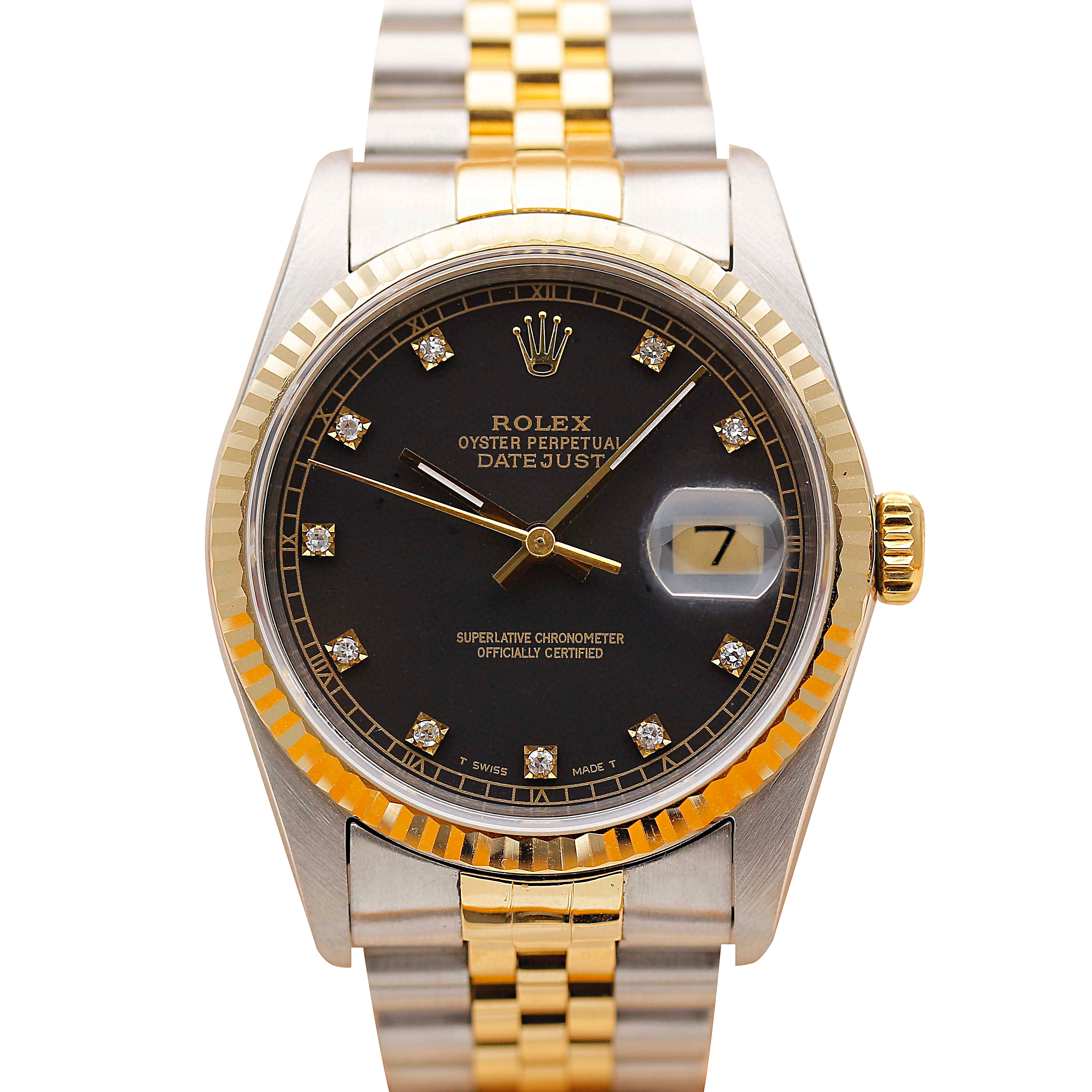 正品[9.8新]劳力士日志型间黄金后镶钻自动机械男表16233